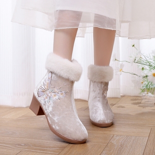女棉鞋 加绒复古绣花民族风绒面配旗袍短靴老北京布鞋 冬季 2025新款
