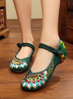 春夏绿色 坡跟布鞋老北京 中国民族风绣花鞋女鞋单鞋平底广场舞蹈