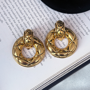 中古法国SR Sonia Rykiel经典小鸟菱格双金色耳夹