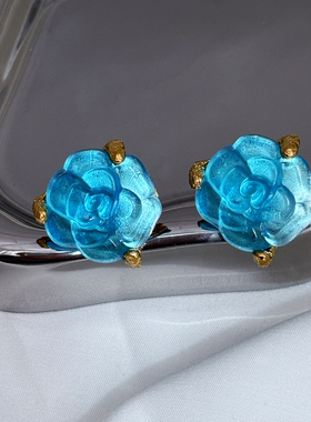 法产正品Gavilane复古之王冰川蓝山茶花琉璃耳夹