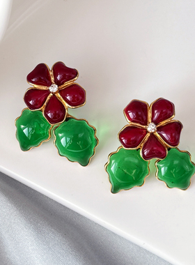法产Augustine Paris百年古法浇筑琉璃红绿花朵琉璃耳环耳针