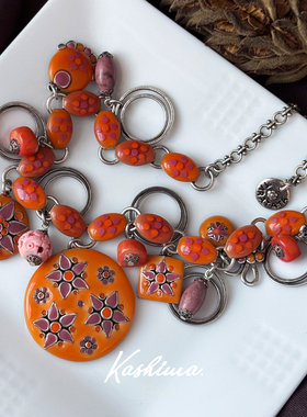 中古法产taratata橙色花卉珐琅重工项链