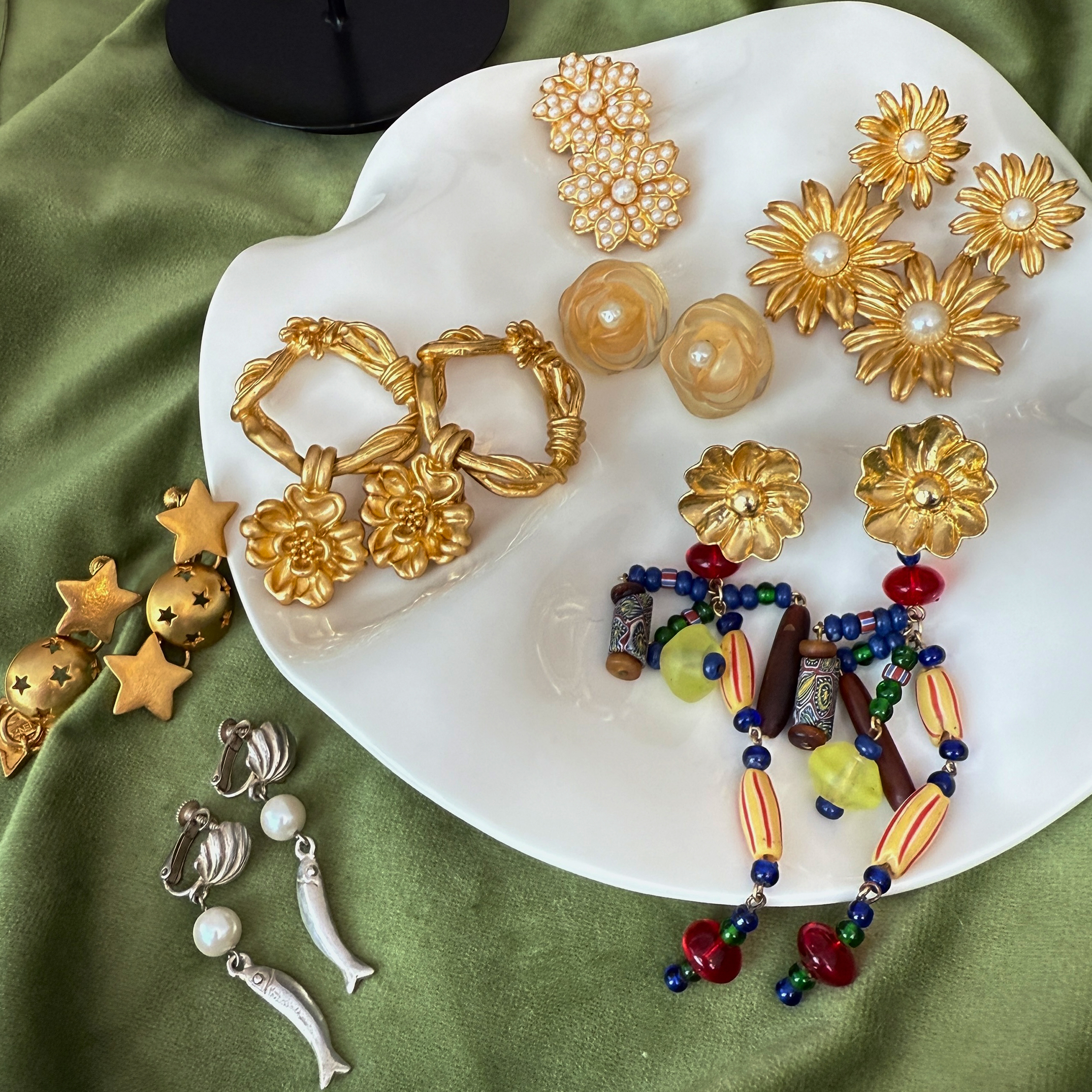 中古正品法产Ke*nzo打标花环星月琉璃金色耳夹合集