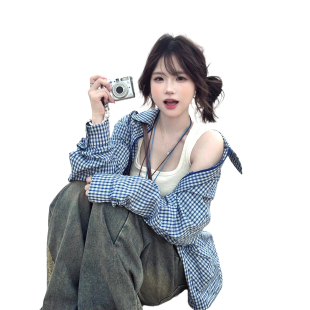 吊带背心上衣气质ootd穿搭一整套装 新款 薄外套女秋季 蓝色格子衬衫