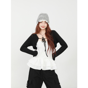 黑色薄款针织开衫外套女2025早秋罩衫小外搭配吊带披肩两件套上衣