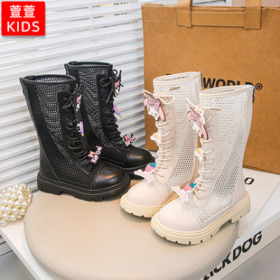 儿童长筒靴模特走秀长靴夏季镂空高筒靴女童靴子黑色透气薄款夏款