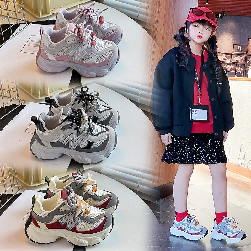 儿童运动鞋女款网面透气女童老爹鞋软底鞋带款男童鞋子春秋款童鞋