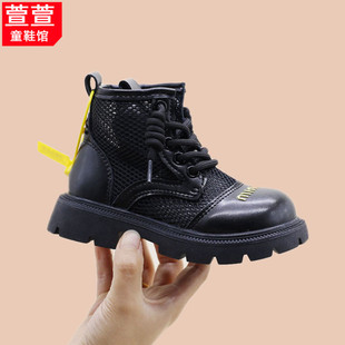 儿童模特走秀靴子女童马丁靴夏季镂空薄款小孩子黑色潮酷男童鞋子