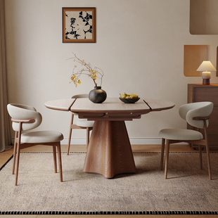 一栖一木洞石岩板实木伸缩餐桌圆形中古风家用小户型圆桌折叠饭桌