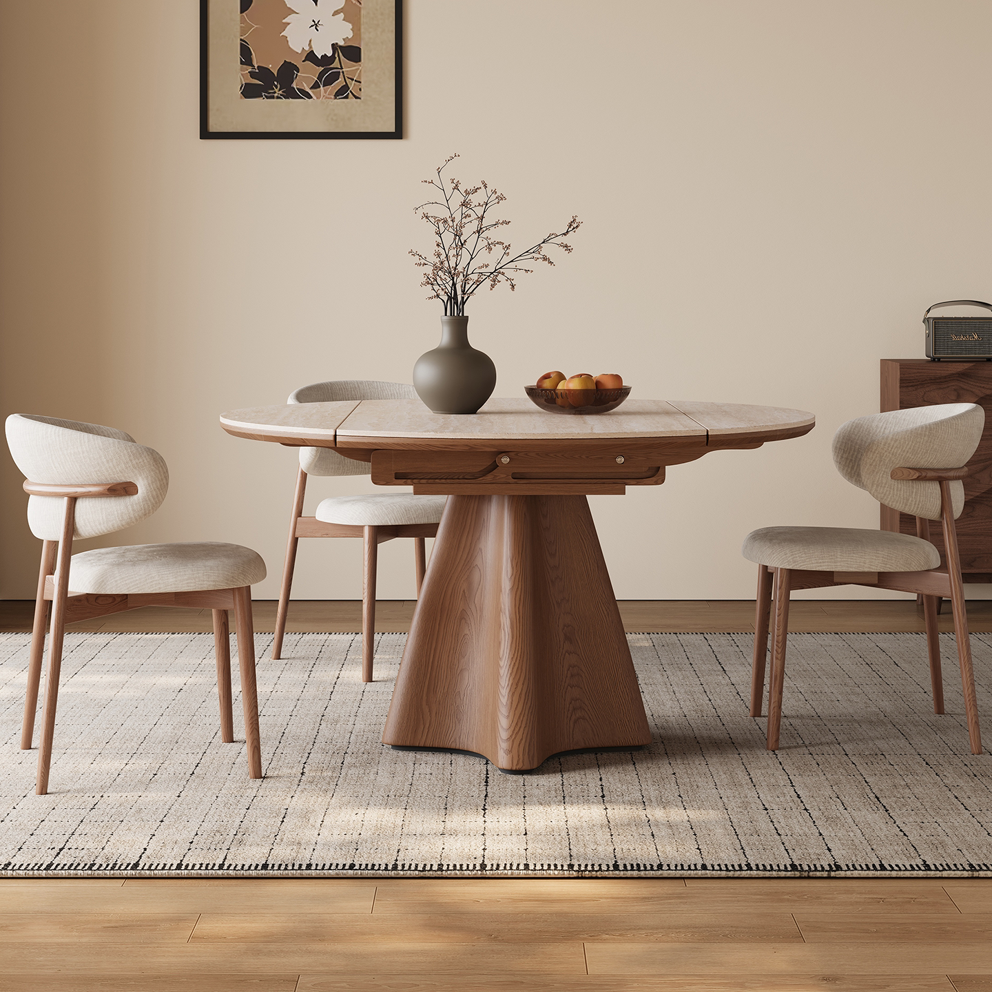 一栖一木洞石岩板实木伸缩餐桌圆形中古风家用小户型圆桌折叠饭桌