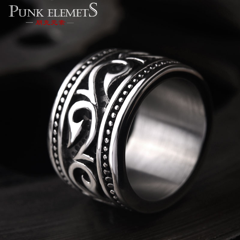 PUNK ELEMENTS朋克风旋转花纹钛钢戒指男复古潮牌指环