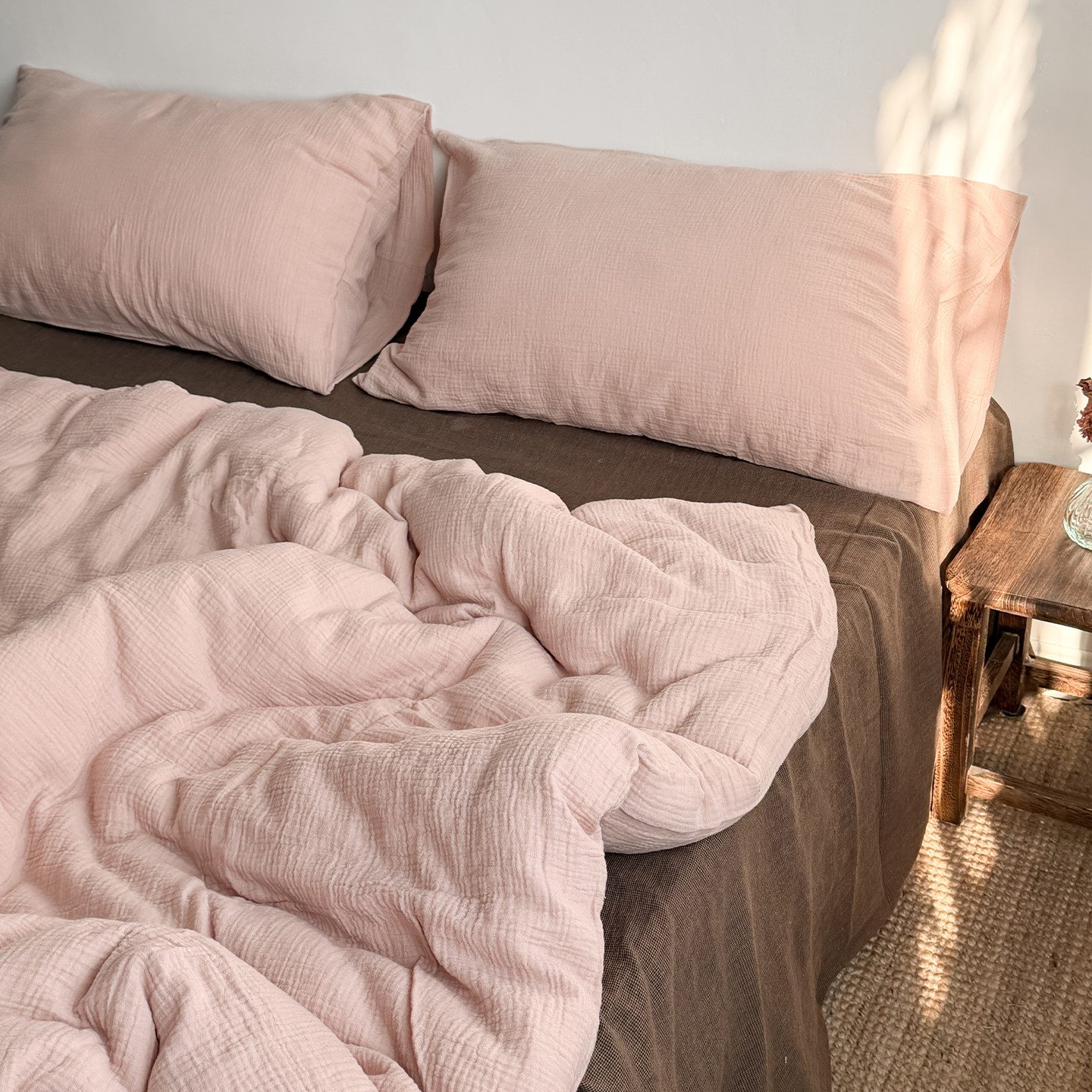 奶茶粉！全棉双层纱布四件套日系纯棉皱褶床单被套床品套件保暖