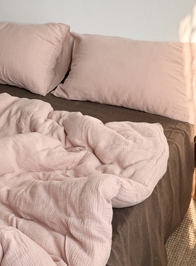 奶茶粉！全棉双层纱布四件套日系纯棉皱褶床单被套床品套件保暖