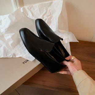 帅气小西装平底小皮鞋英伦风乐福鞋女内增高真皮杏头复古懒人单鞋