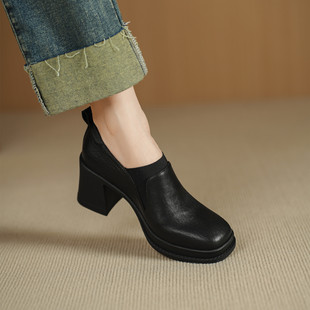 复古真皮粗跟单鞋女8cm皮鞋2025春季新款舒适黑色防水台高跟鞋子