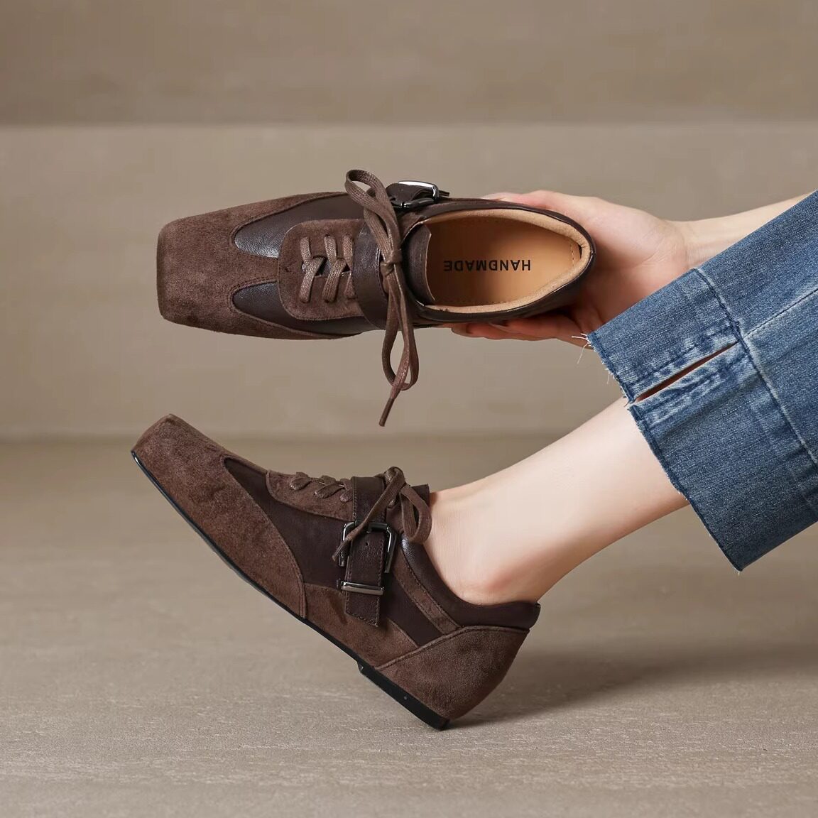 3.5cm磨砂真皮复古系带平底小皮鞋女英伦风皮带扣内增高方头单鞋,女鞋,深口单鞋,淘宝优惠券,粉丝福利购,淘宝优惠卷