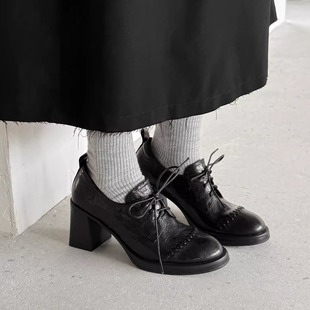 7.5cm英伦风粗跟小皮鞋女款2026新款真皮高跟系带单鞋显瘦乐福鞋