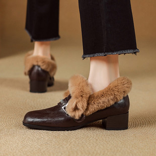 4cm法式复古方头粗跟英伦风小皮鞋百搭女裸靴女加绒保暖秋冬新款