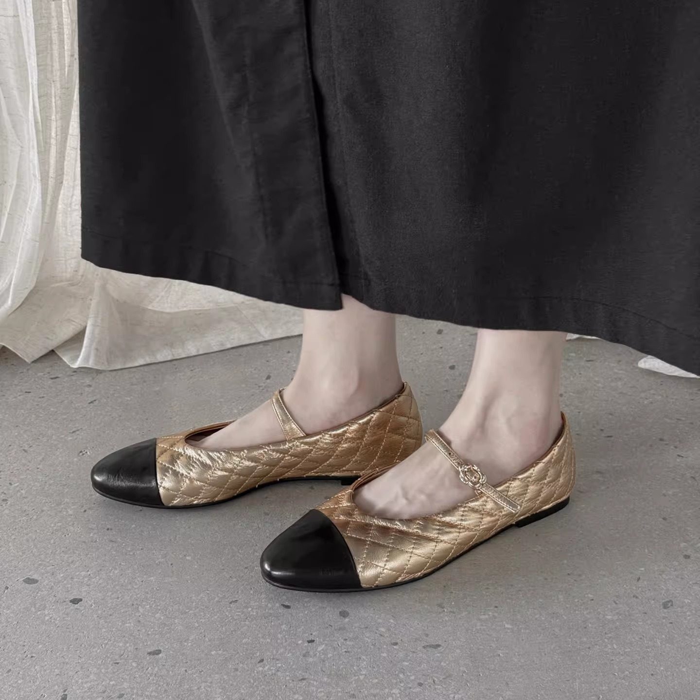 1cm真皮低跟金色格子浅口玛丽珍鞋女平底一字式圆头罗马拼色单鞋,女鞋,玛丽珍鞋,淘宝优惠券,粉丝福利购,淘宝优惠卷