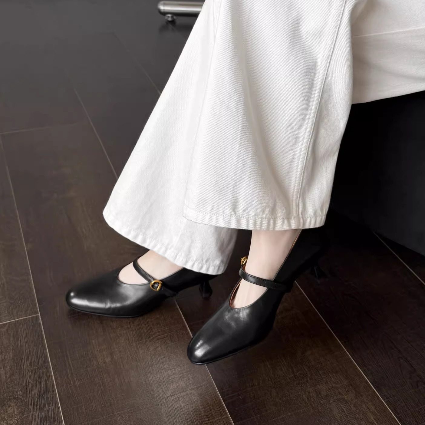 5.5cm真皮细跟黑色浅口玛丽珍鞋女圆头一字式优雅高跟鞋百搭单鞋