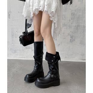 5.5cm粗腿长筒靴厚底小个子棕色西部靴女2025秋季百搭美拉德靴子