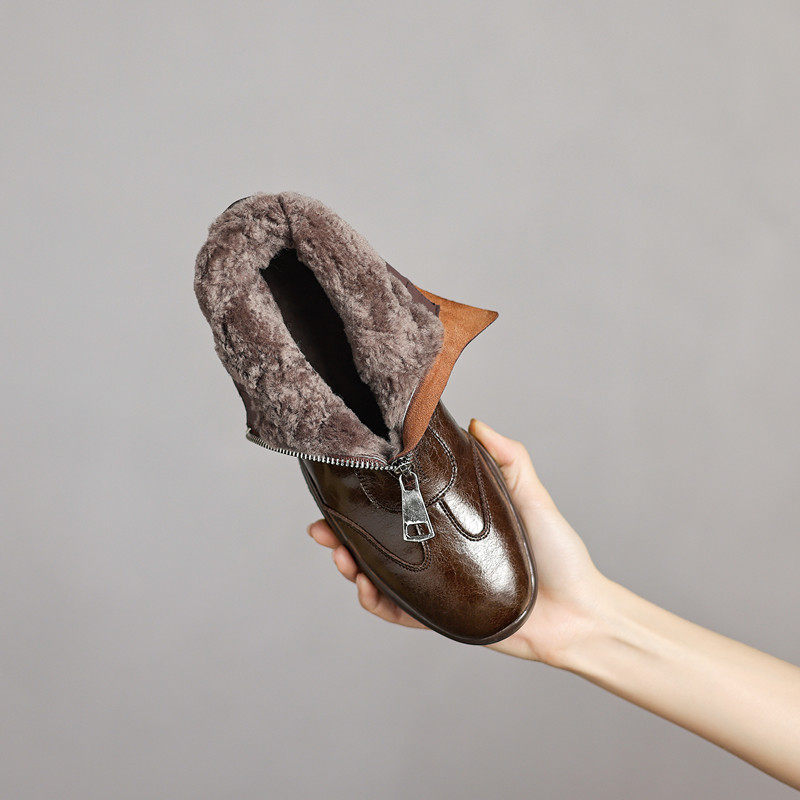 皮毛一体雪地靴女真皮厚底羊毛保暖马丁靴厚毛大棉加绒前拉链短靴