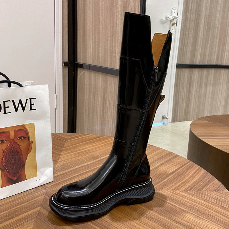 长靴百搭漆皮百搭真皮及膝厚底