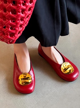 1cm芭蕾舞平底鞋平跟圆头玛丽珍鞋真皮浅口红色圆扣懒人百搭单鞋