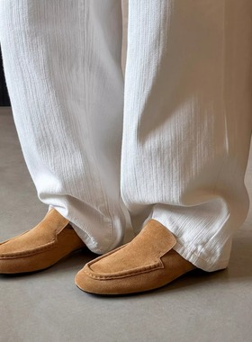 2cm磨砂真皮低跟复古圆头乐福鞋女粗跟英伦风小皮鞋黄色懒人单鞋