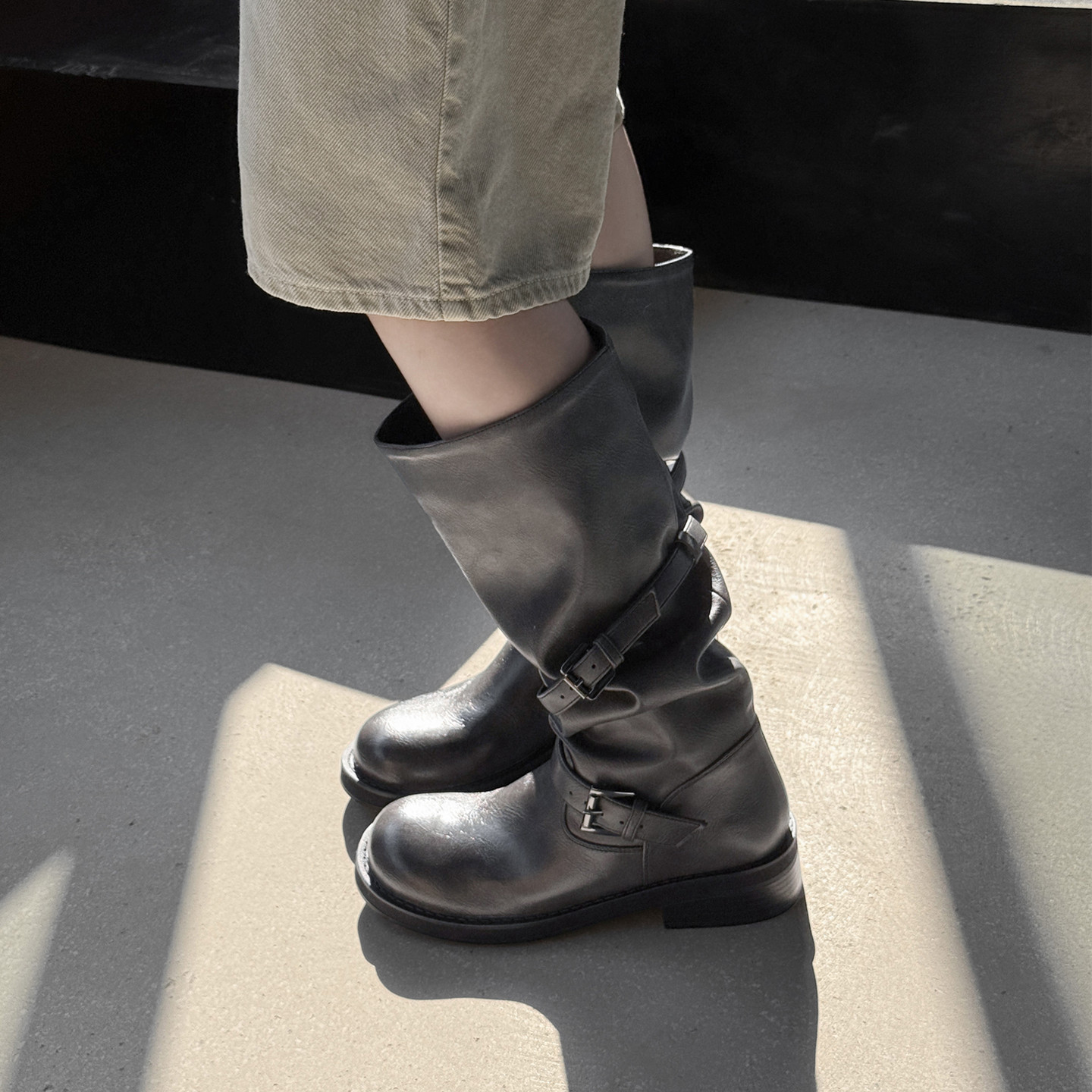 女秋冬新款复古皮带扣堆堆骑士靴
