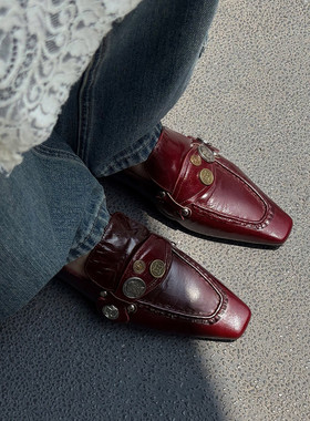 金属扣内增高方头英伦风小皮鞋女通勤平底红色懒人鞋真皮复古单鞋