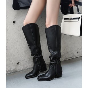 6.5cm真皮粗跟过膝长靴女2025拼接性感长筒靴子高跟堆堆靴高筒靴