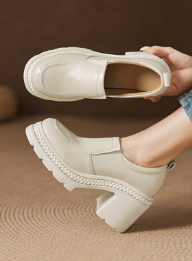 10cm真皮粗跟圆头米白色乐福鞋女超高跟防水台懒人鞋厚底编织单鞋