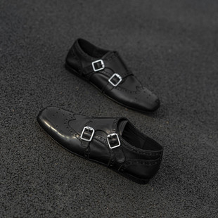 25春新款真皮平底黑色英伦风小皮鞋女平跟方头皮带扣雕花懒人单鞋