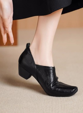 4cm真皮粗跟复古方头弹力乐福鞋女中跟深口通勤黑色百搭懒人单鞋