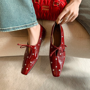 小个子内增高方头红色平底单鞋女一脚蹬乐福鞋芭蕾舞风蝴蝶结婚鞋
