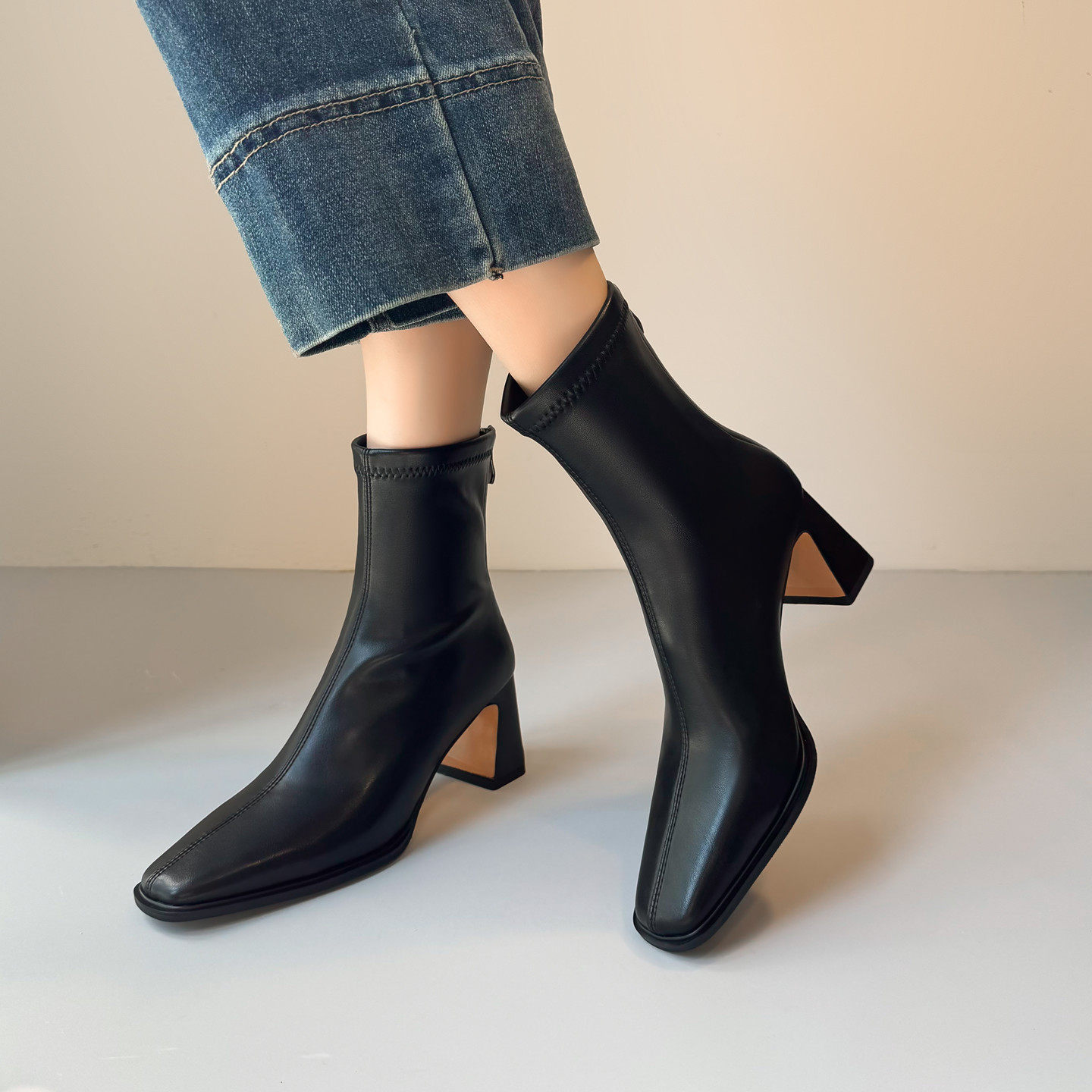 Sod私人定制 法式复古瘦瘦靴女粗跟方头大码弹力靴高跟优雅马丁靴