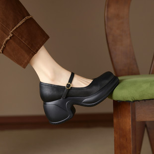 8cm厚底显瘦单鞋女2025春新款粗跟松糕底乐福鞋圆头真皮玛丽珍鞋