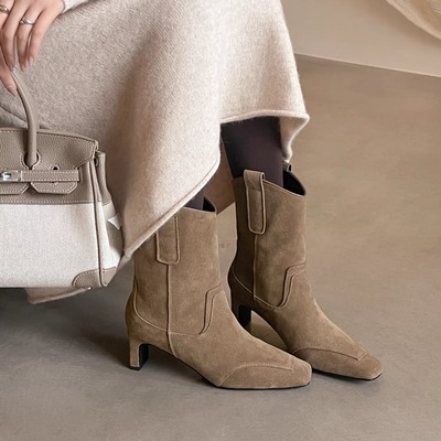 6cm法式复古真皮西部牛仔靴女