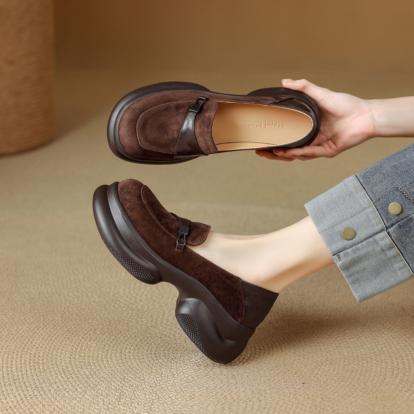 6cm磨砂真皮厚底复古圆头乐福鞋