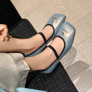 2025春夏新款真皮低跟蓝色浅口玛丽珍鞋女内增高平底字母方头单鞋