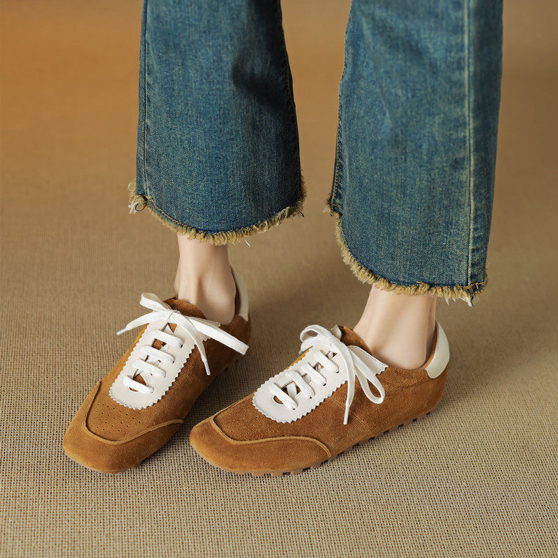 磨砂真皮复古德训鞋女黄色休闲鞋运动方头阿甘鞋内增高系带乐福鞋