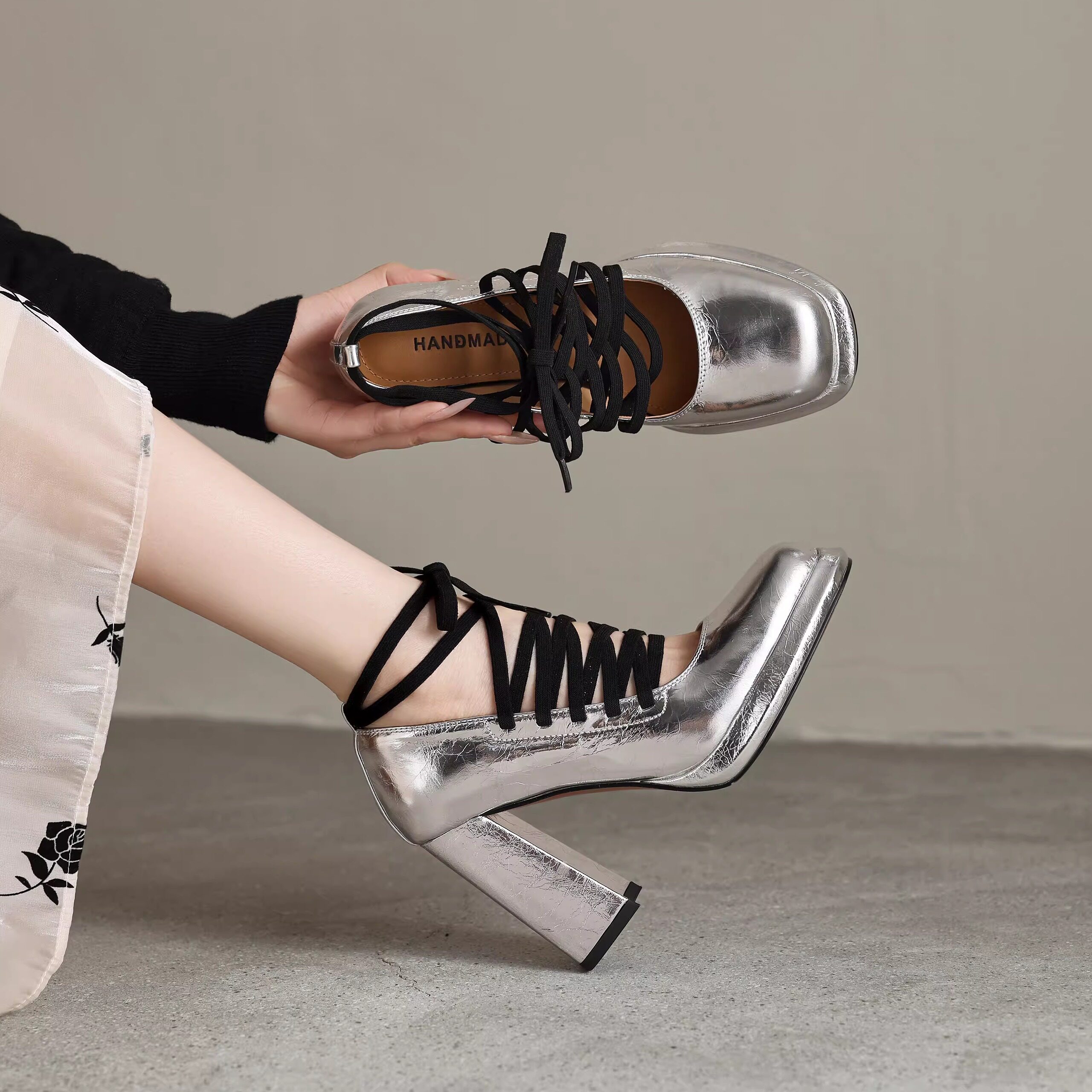 9.8cm粗跟单鞋女超高跟防水台玛丽珍鞋显瘦圆头交叉绑带真皮女鞋