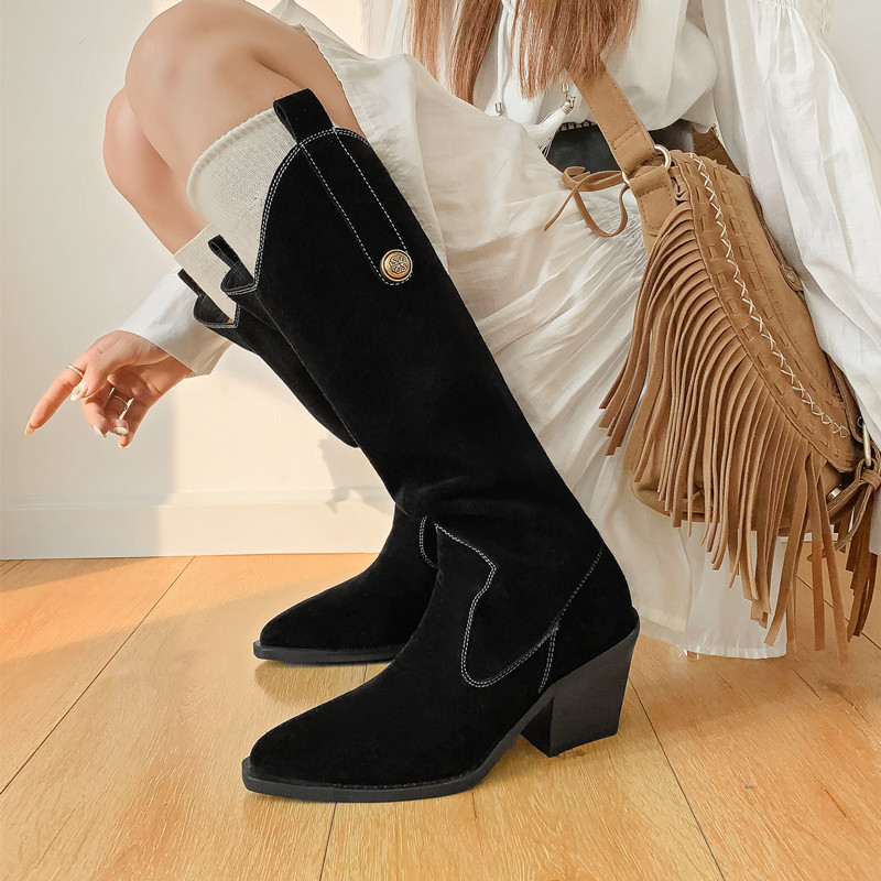 复古牛仔靴高跟长靴显瘦美拉德