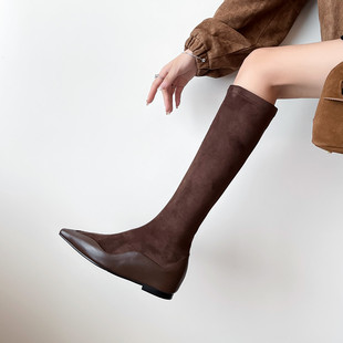 弹力瘦瘦靴女2024新款冬尖头中筒靴高筒真皮袜子靴内增高显瘦长靴