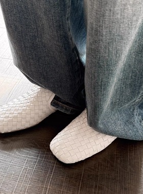 1cm平底方头真皮编织乐福鞋女软底英伦风小皮鞋白色休闲懒人单鞋