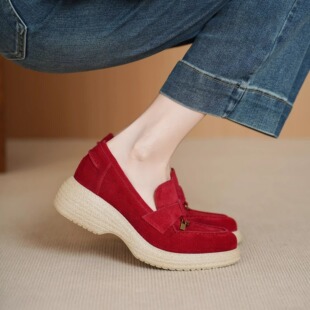5cm磨砂真皮厚底红色圆头乐福鞋女休闲坡跟松糕底本命年懒人单鞋