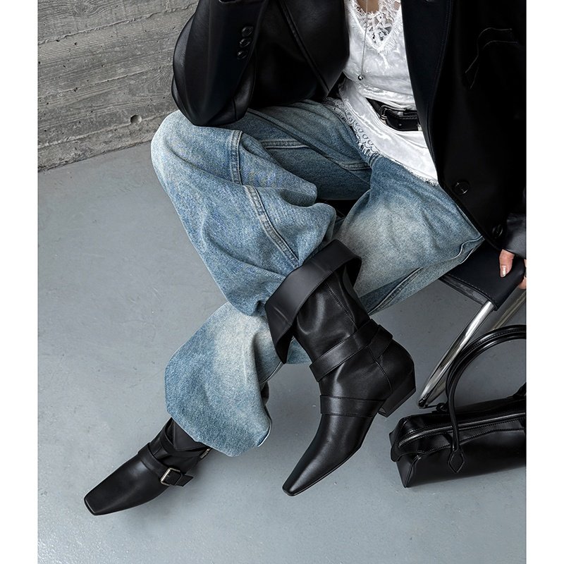 3cm复古机车靴短筒方头翻领两穿短靴2025秋新款真皮马丁靴西部靴,女鞋,时装靴,淘宝优惠券,粉丝福利购,淘宝优惠卷