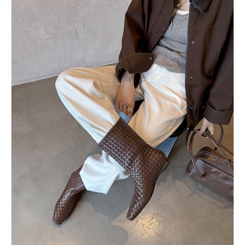 2cm气质复古灰色编织马丁靴