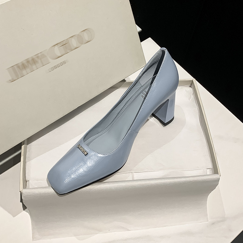 2026春夏新款真皮粗跟蓝色浅口懒人鞋女高跟方头字母百搭懒人单鞋